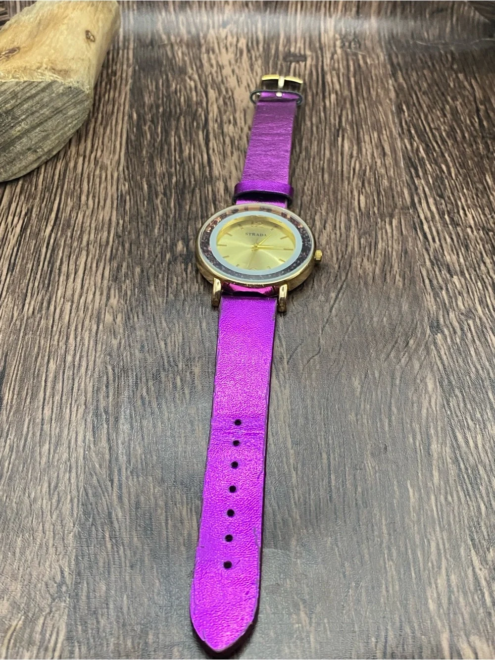 Strada Gold Dial Watch with Metallic Purple Strap and Crystal Accent